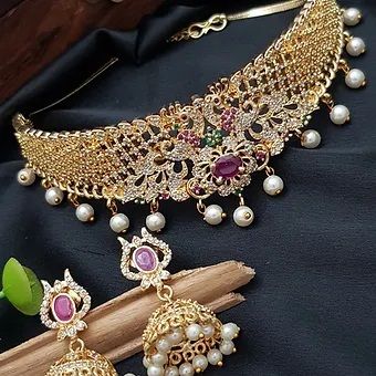 Elite Women Cz Stones Studded Bridal Diamond Finish Lock Choker Set