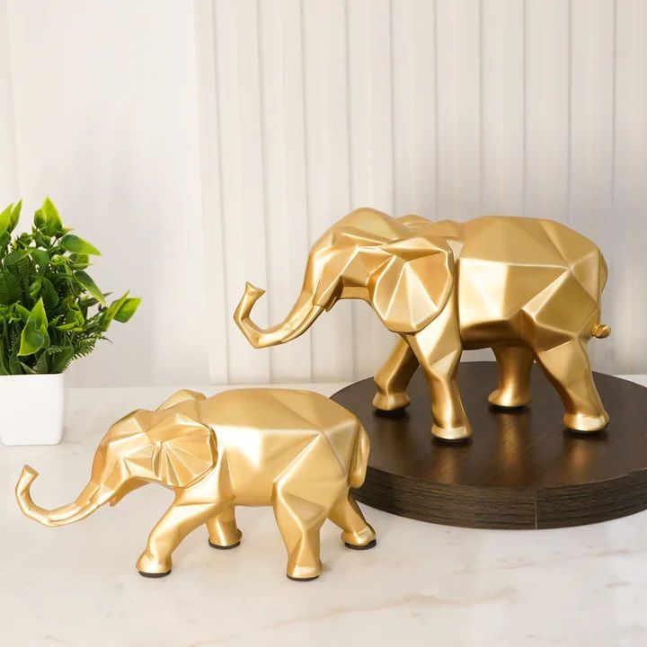 Gold Elephant Resin Figurine, Set OF 2