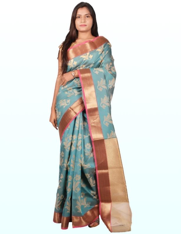 Blue Tussar Woven Art Banarasi Organza Women Saree