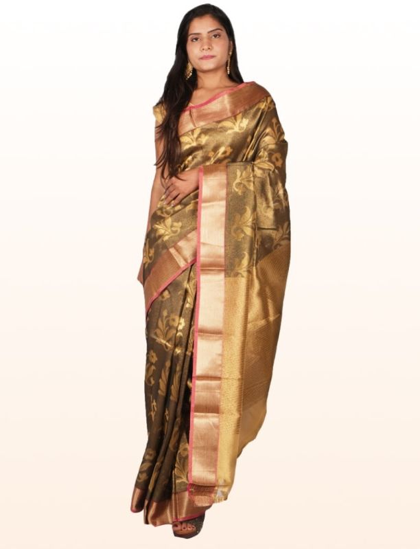 Golden Motifs Floral Zari Banarsi Tissue Women Saree