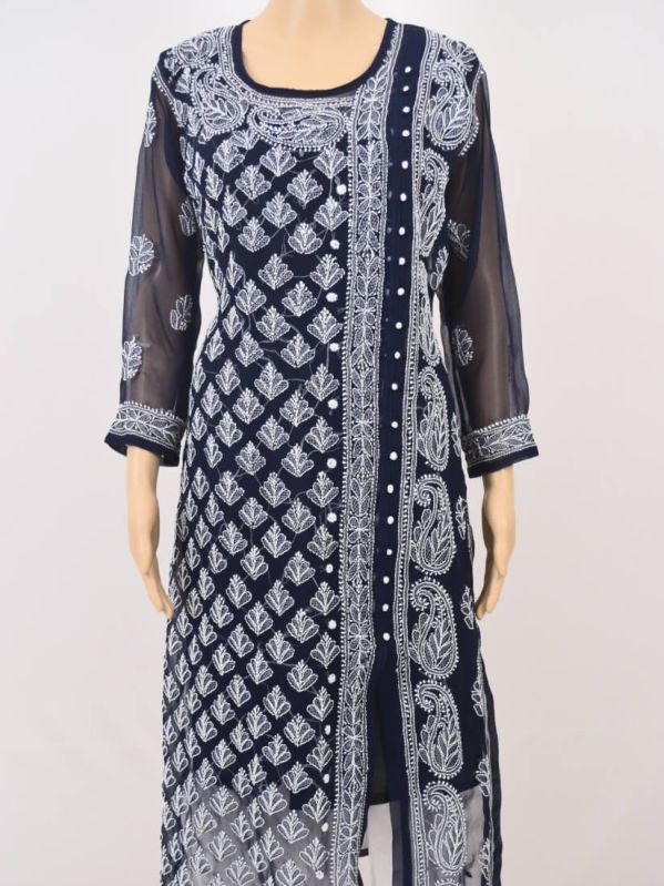 Navy Blue Angrakha Lucknowi Chikankari Georgette Women Kurti