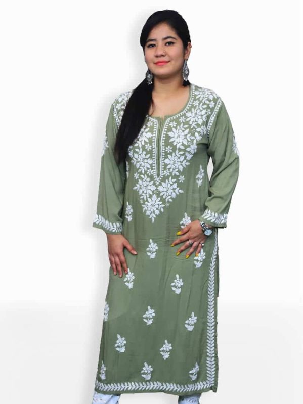 Olive Green Modal Rose Lucknowi Chikankari Women Kurti