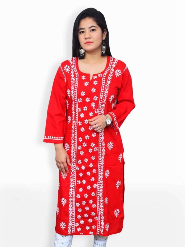 Red Front Panel Lucknowi Chikankari Women Cotton  Kurti