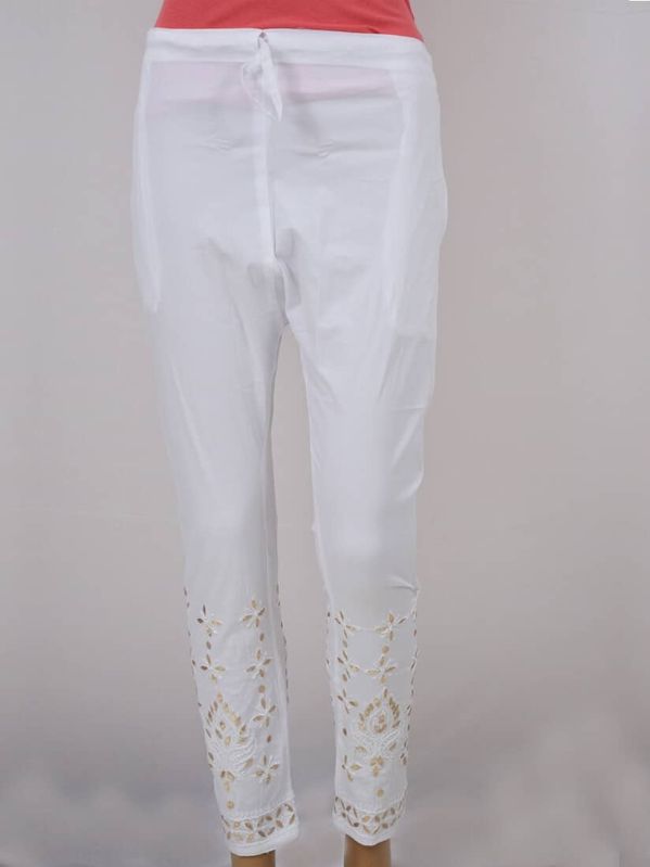 White Gota Lucknowi Chikankari Stretchable Women Cotton Pant