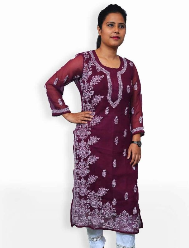 Wine Side Rose Lucknowi Chikankari Georgette Women Kurti