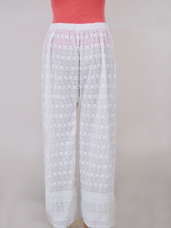 Women White Lucknowi Chikankari Embroidered Cotton Flared Women Plazzo