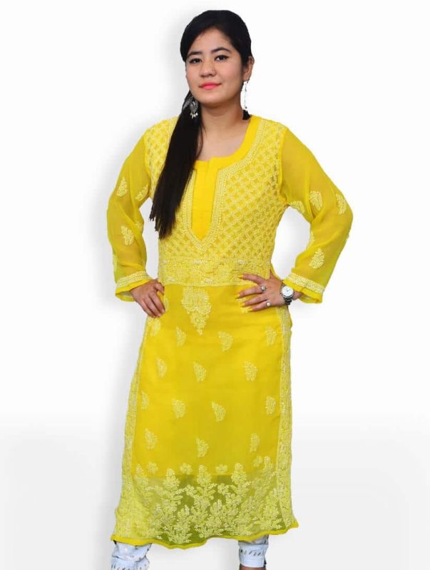 Yellow Gala Daman Lucknowi Chikankari Women Georgette Kurti