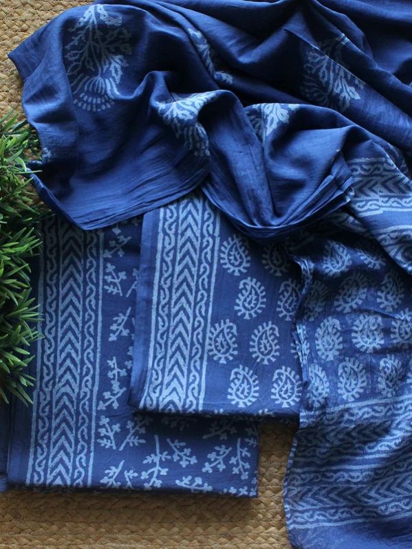 Blue Bagru Hand Block Printed Dress Material
