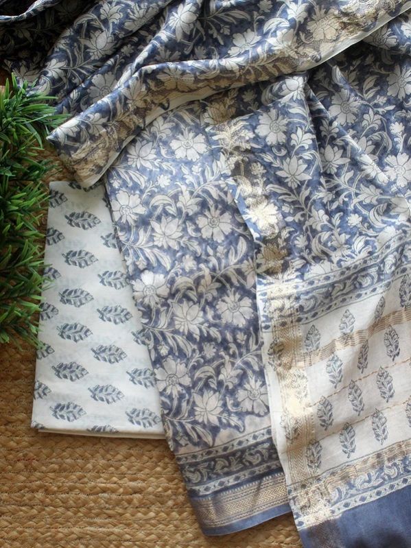 Blue Hand Block Printed Maheshwari Dress Material