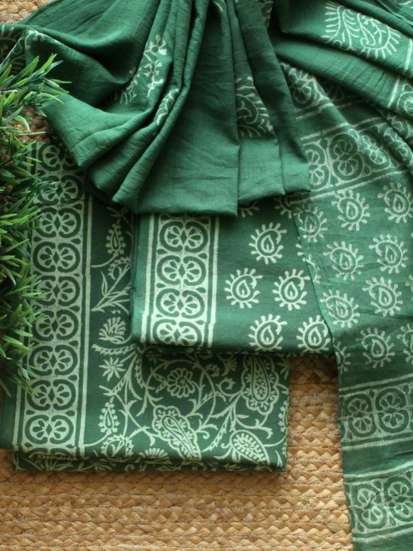Green Bagru Hand Block Printed Dress Material