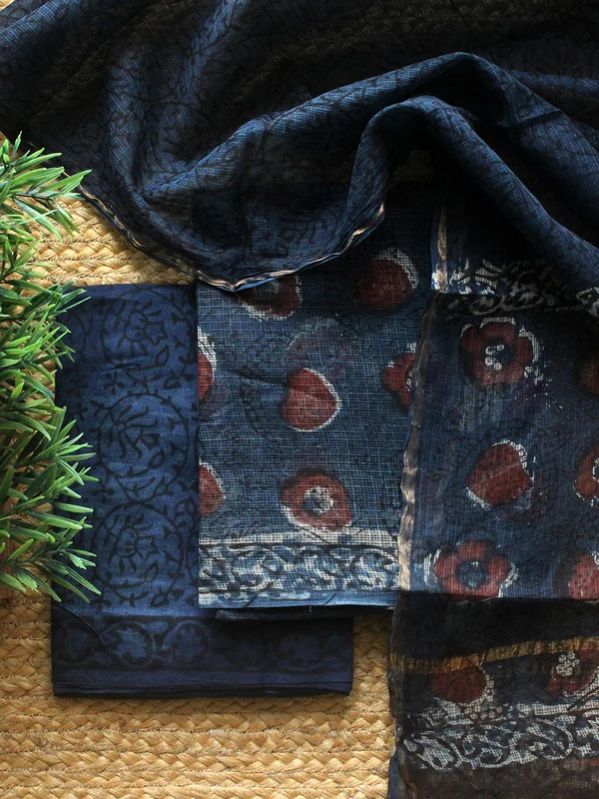 Indigo Bagru Hand Block Printed Kota Doria Dress Material