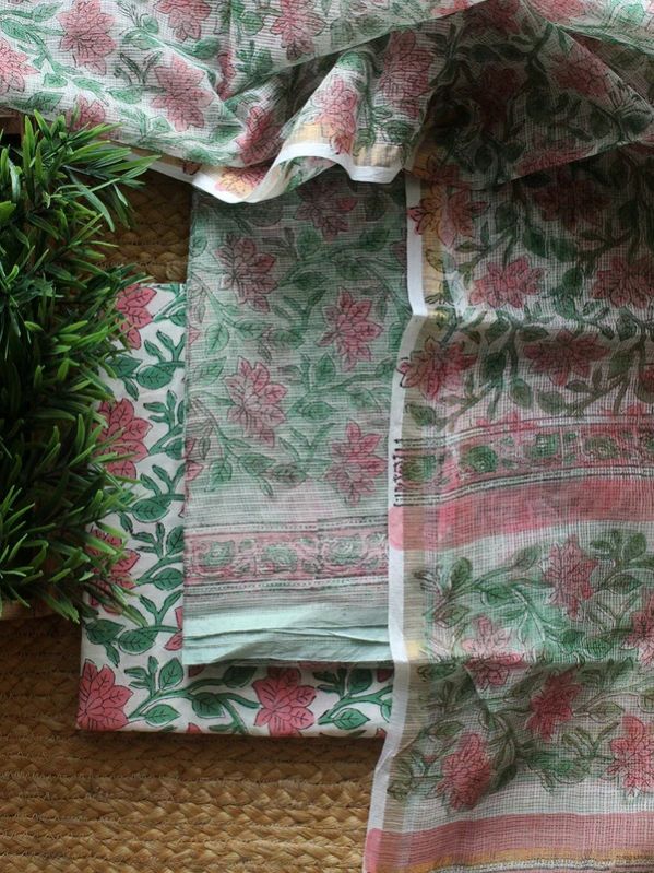 Sea Green Bagru Hand Block Printed Kota Doria Dress Material