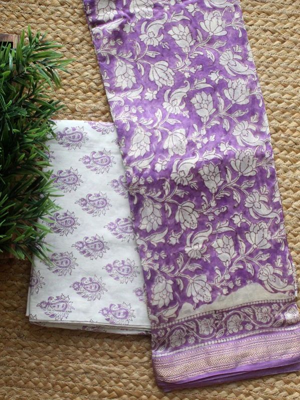 Violet Hand Block Printed Maheshwari Dress Material