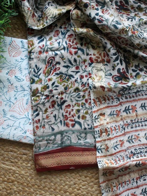 White Hand Block Printed Maheshwari Dress Material