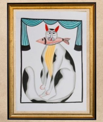 Cat & Fish IV- Kalighat Pattachitra Wall Art