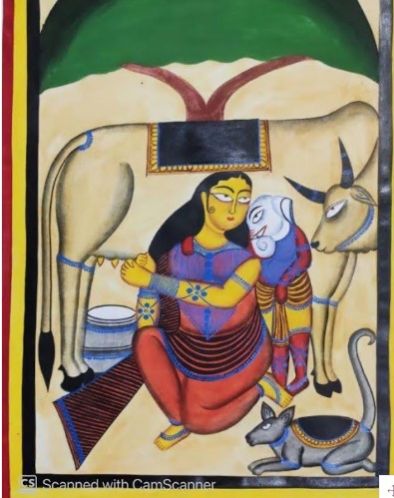 Coy Baby Ganesha & Mother Parvati-Bengal Pattachitra Wall Art