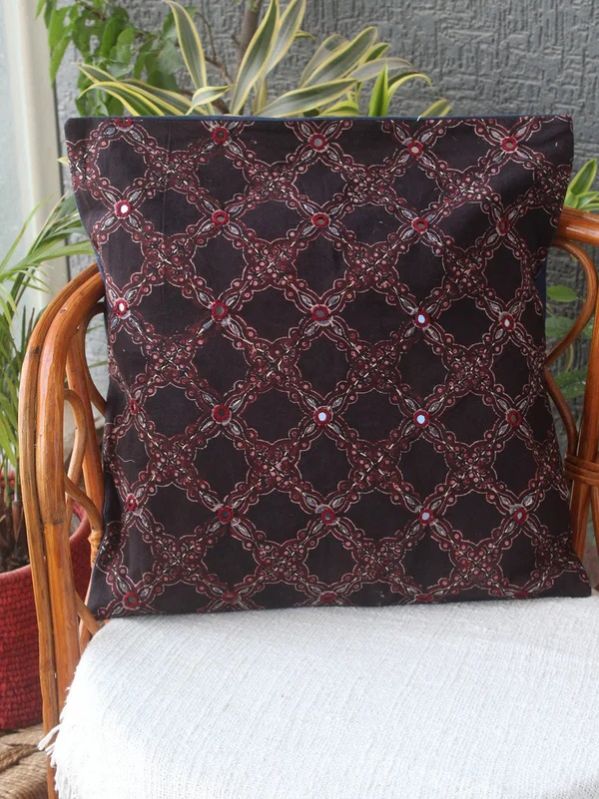 Black Ajrakh Hand Block Printed Embroidered Cotton Cushion Cover