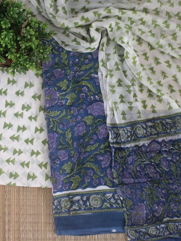 Blue Bagru Hand Block Printed Dress Material WITH Chiffon Dupatta