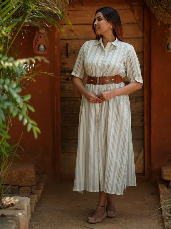 Meher Handloom Cotton Women Shirt Dress WITH Indigo Stripes
