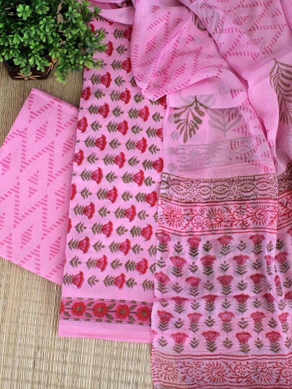 Pink Bagru Hand Block Printed Dress Material WITH Chiffon Dupatta