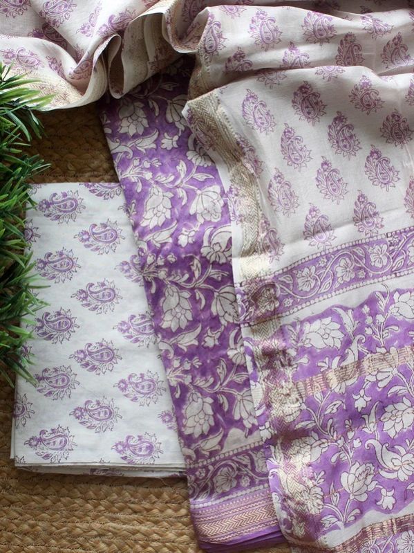 Violet Hand Block Printed Maheshwari Dress Material
