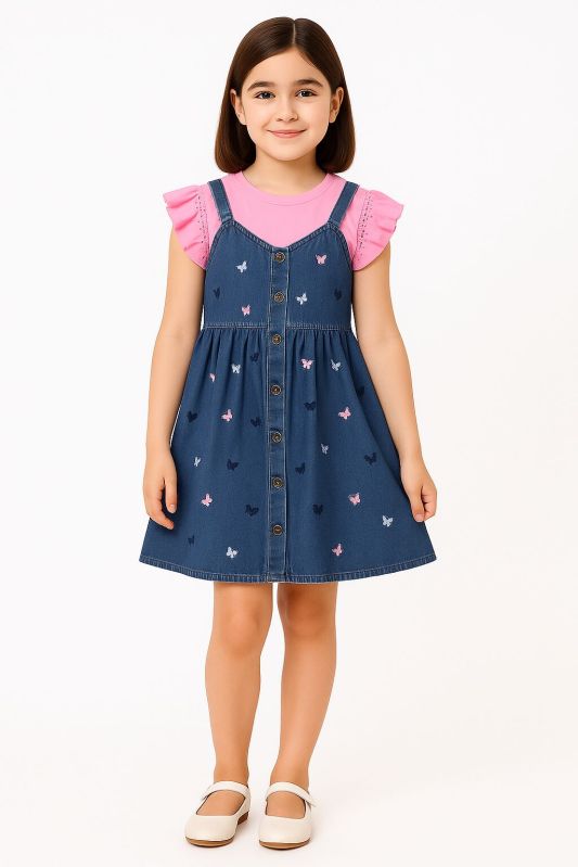 Kids Girls Denim Jeans All-over Butterfly Embroidery Frock