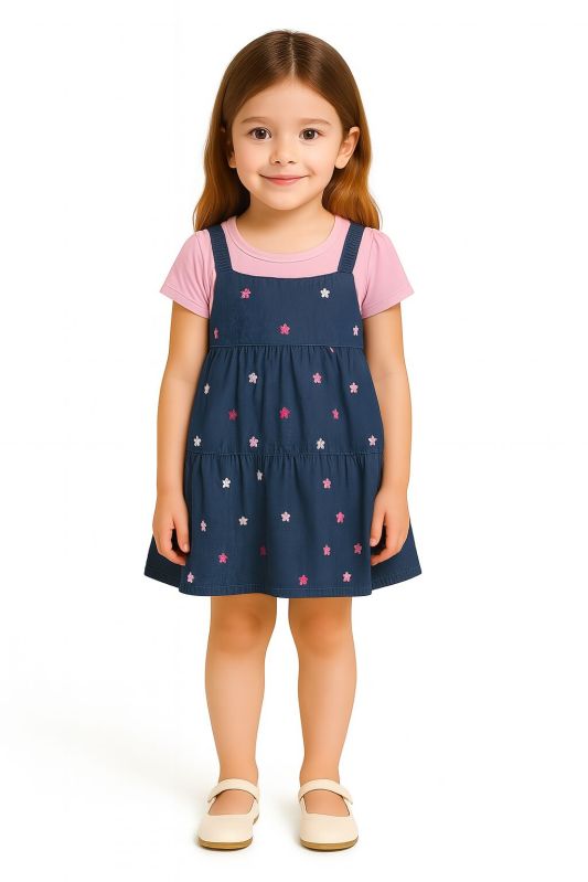 Kids Girls Denim Jeans All-over Embroidery Frock