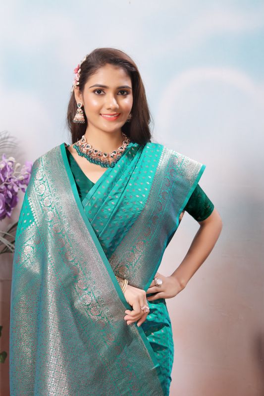 9726 Aqua Green Jari Work Weaving Banarasi Soft Silk Saree