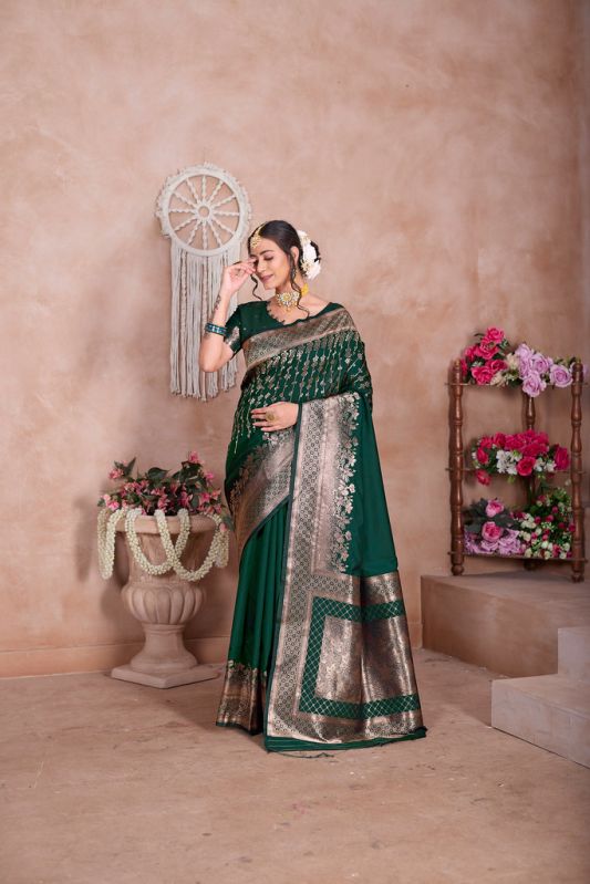 9736 dark green zari work weaving banarasi soft silk saree