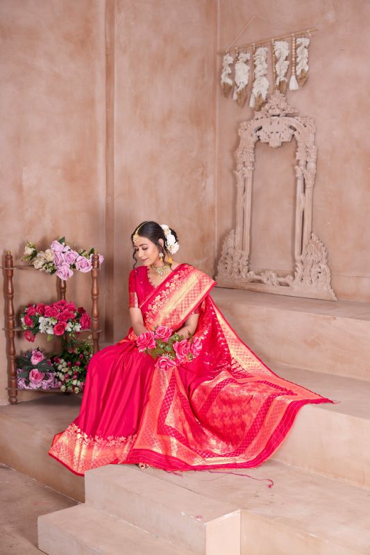 9736 hot pink zari work weaving banarasi soft silk saree