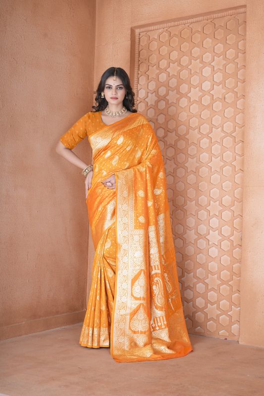 9776 marigold orange zari work weaving banarasi soft silk saree
