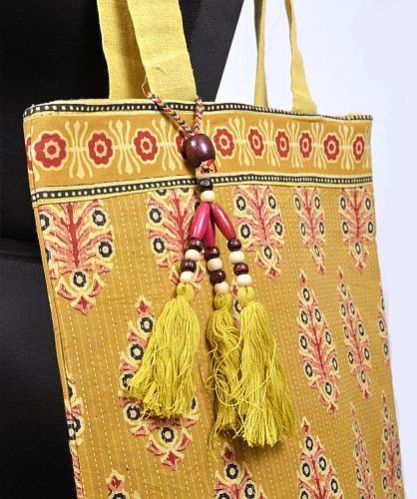 Yellow Cotton Printed Tote Bag