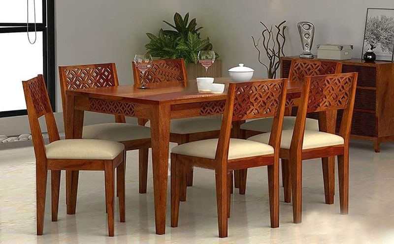 Brown Polished 6 Seater Wooden Dining Table Set