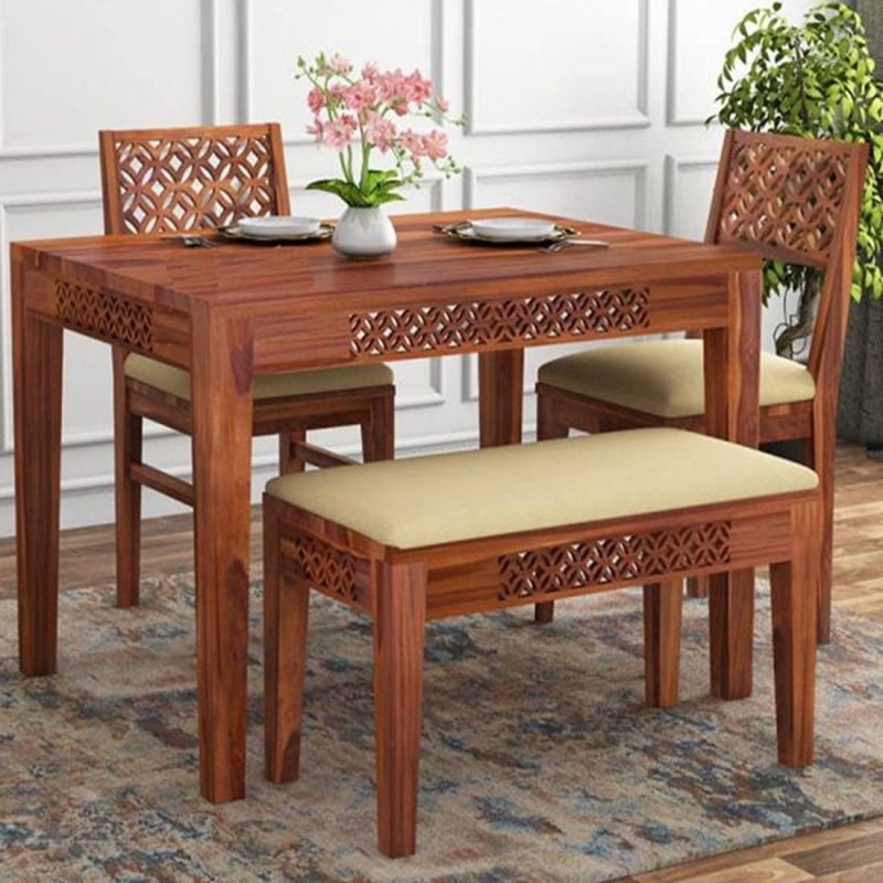4 Seater Solid Sheesham Wood CNC Dining Table Set