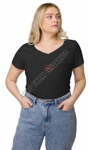 Solid Cotton Blend Ladies V Neck Slim Fit T-Shirt, Color : Black