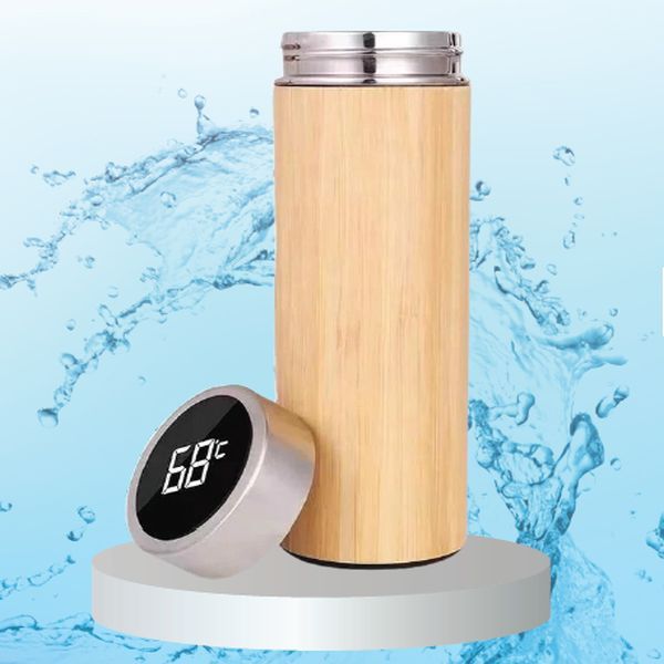 500ml Round Insulated Bamboo Bottle With Temperature Display