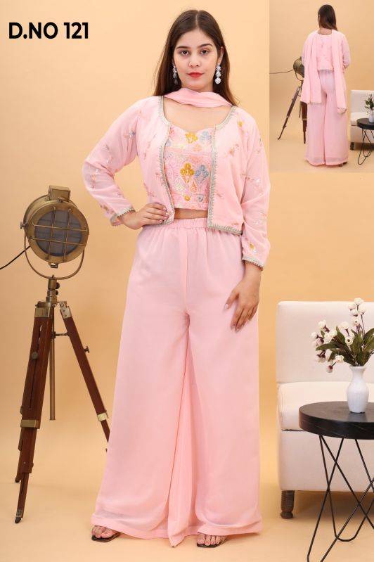 Pooja D.NO- 121Elegant Georgette Embroidered Choli Set with Palazzo, Shrug & Dupatta