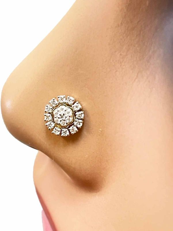 22 K Gold Diamond Floral Round Nose Stud Ring