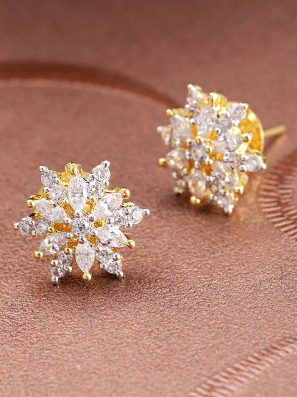 Stylish Gold Floral American Diamond Stud Earring