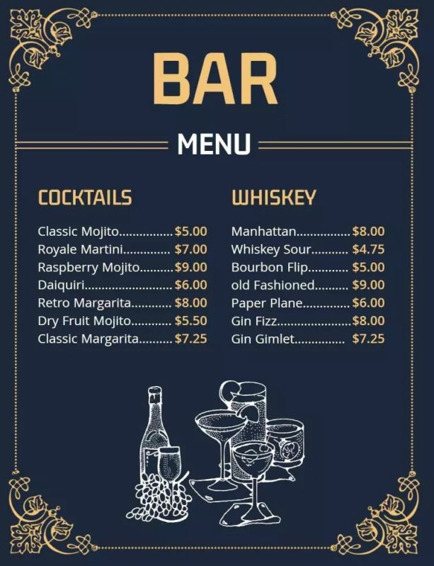 Stylish Bar Menus with Durable Finish