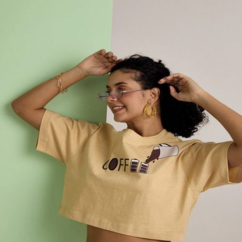 Printed Cotton Ladies Beige Crop Top Casual Wear