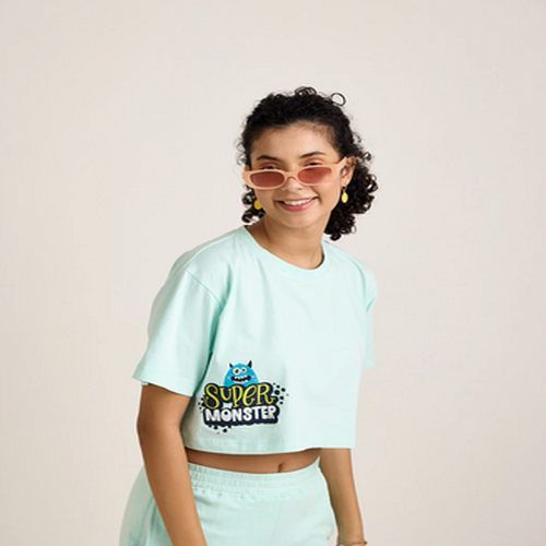 Printed Cotton Ladies Blue Crop Top Casual Wear