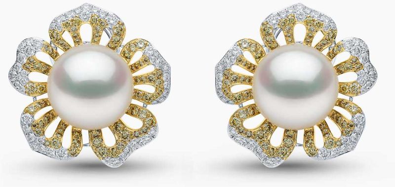 Sunrise Pearl &AMP;AMP; Diamond Floral Stud Earrings in 18K White Gold