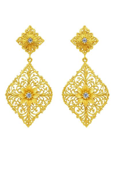 Turkish Designer Handmade Earrings Blue Topaz Gemstone, Brass with 18K Gold Plating