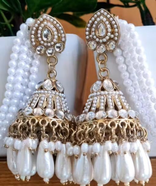 Women Elagant Pearl Beaded Jhumka Earrings with Kundan Detailing