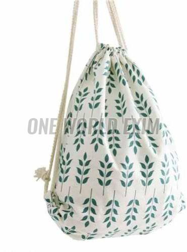 Printed Cotton Drawstring Shoulder Bag, Color : White & Green