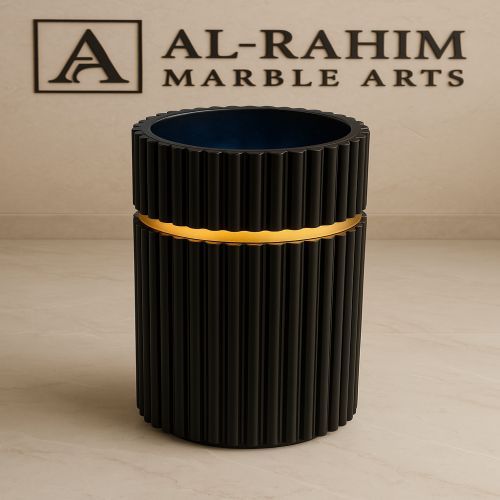 Modern Black Stone Pedestal with Gold Accent