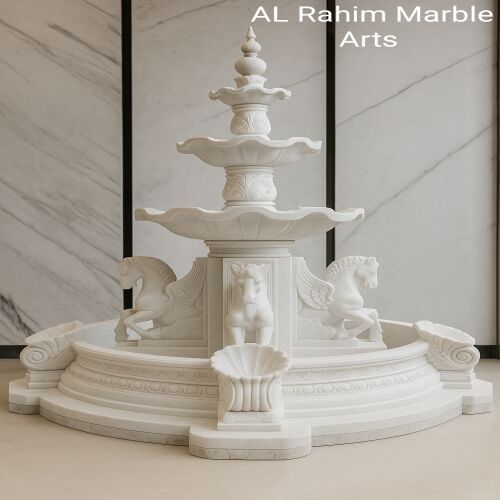 Ornate White Marble Fountain with Lion Sculptures
