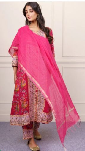 Women Deep Pink Floral Kurta Dupatta Set-KS862