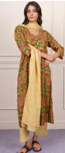 Women Olive Green Floral Kurta Dupatta Set-KS863